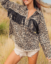 Leopard fringed washed oversized denim jacket